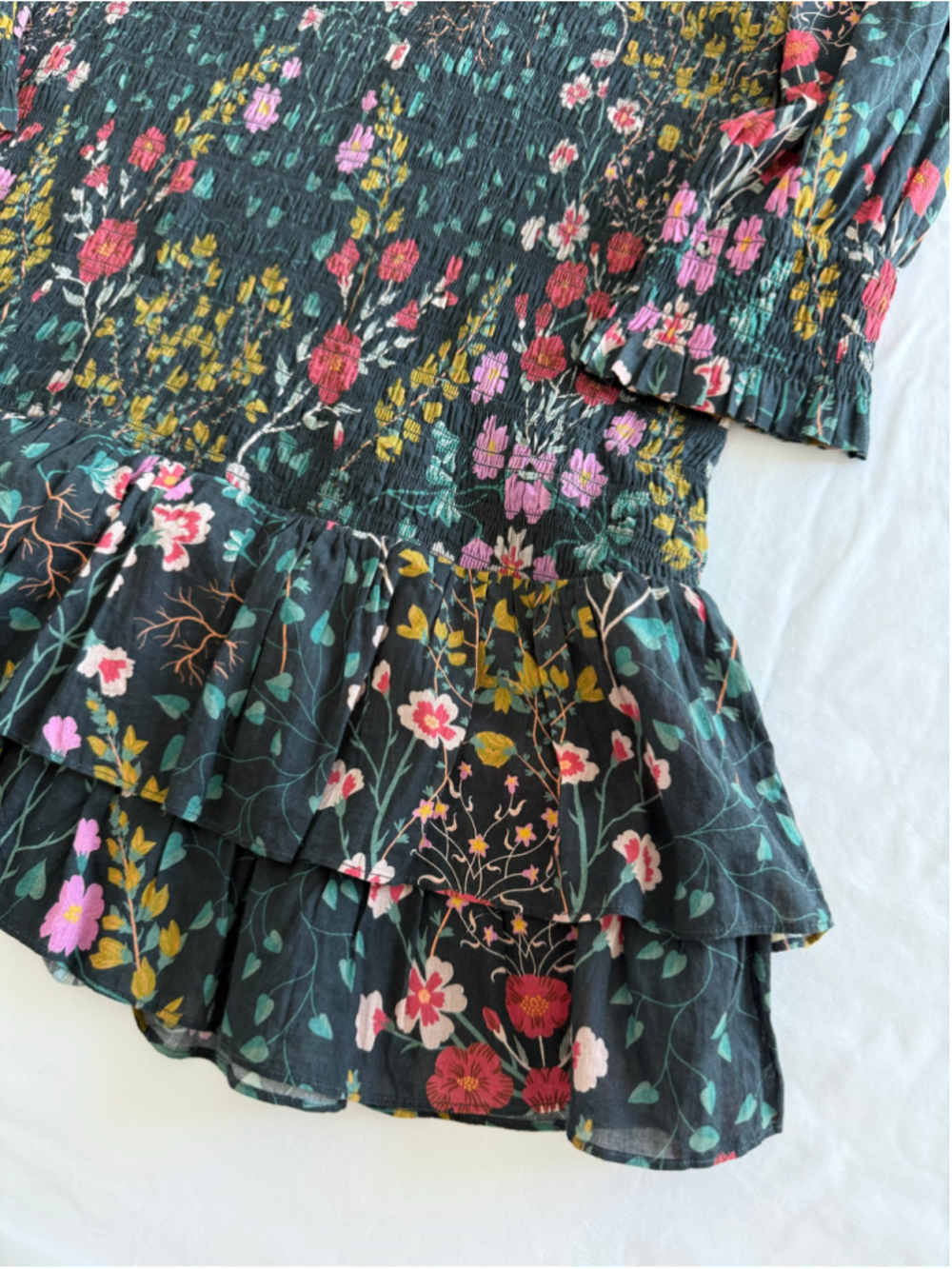 Women's Margaret O'Leary Floral Long Sleeve Smocked Dress, Size L, Black/Pink - Picture 4 of 10